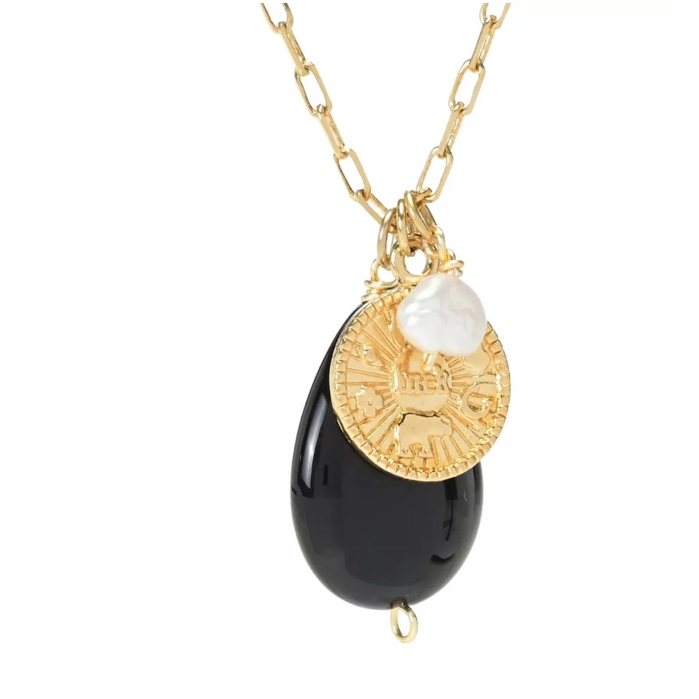 MAYAMAR 24K Gold Plated 24mm Onyx & Cultured Pearl 16"+3" Necklace‎ NWT